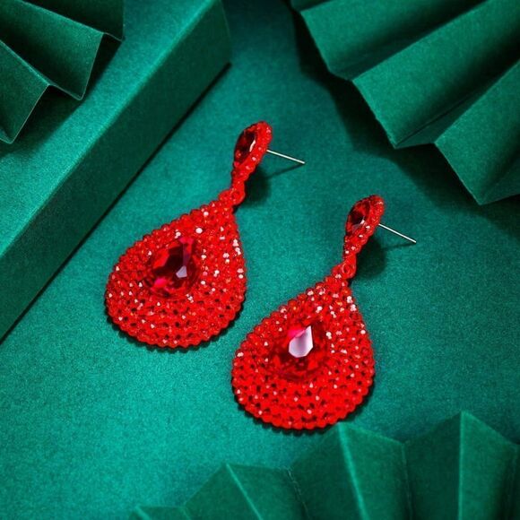Red with Ruby Red Crystal Hollow Teardrop Chandelier Post Back Drop Earrings - Picture 2 of 4